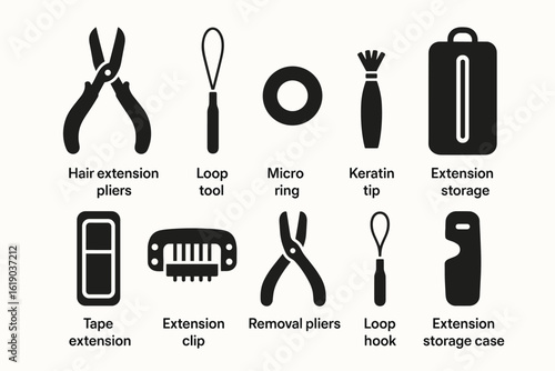 Hair extension tools solid icon set. pliers, loop, micro ring, extension storage