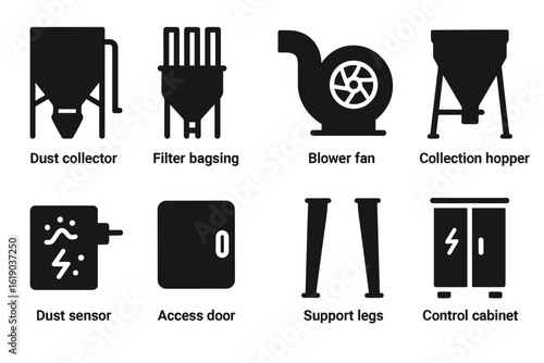Industrial equipment silhouette icon set. dust collector, blower fan, sensor icons