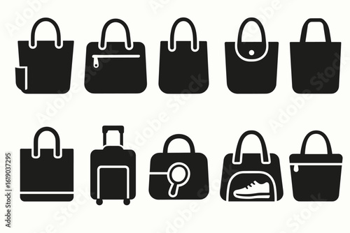 Travel bag silhouette icon set. stylish luggage and handbag silhouette collection