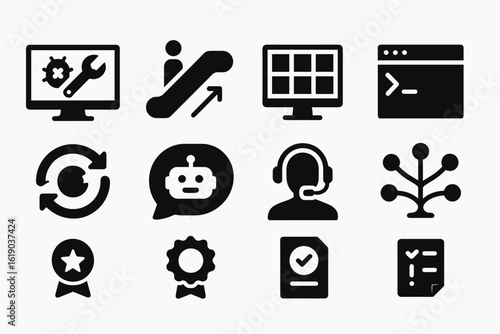 Business and technology solid icon set. digital tools and online service essentials