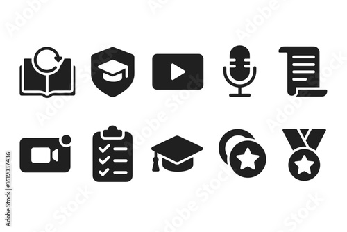 Education and learning solid icon set. academic, teaching, communication solid collection