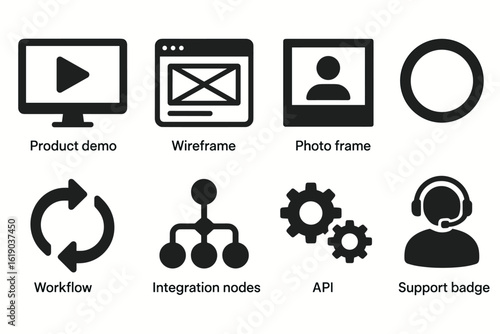 Technology and workflow solid icon set. product demo, support, integration icons collection