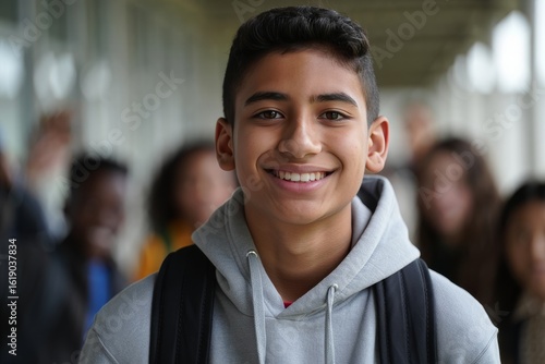 Smiling Teen Boy in Gray Hoodie - Portrait of Youthful Energy