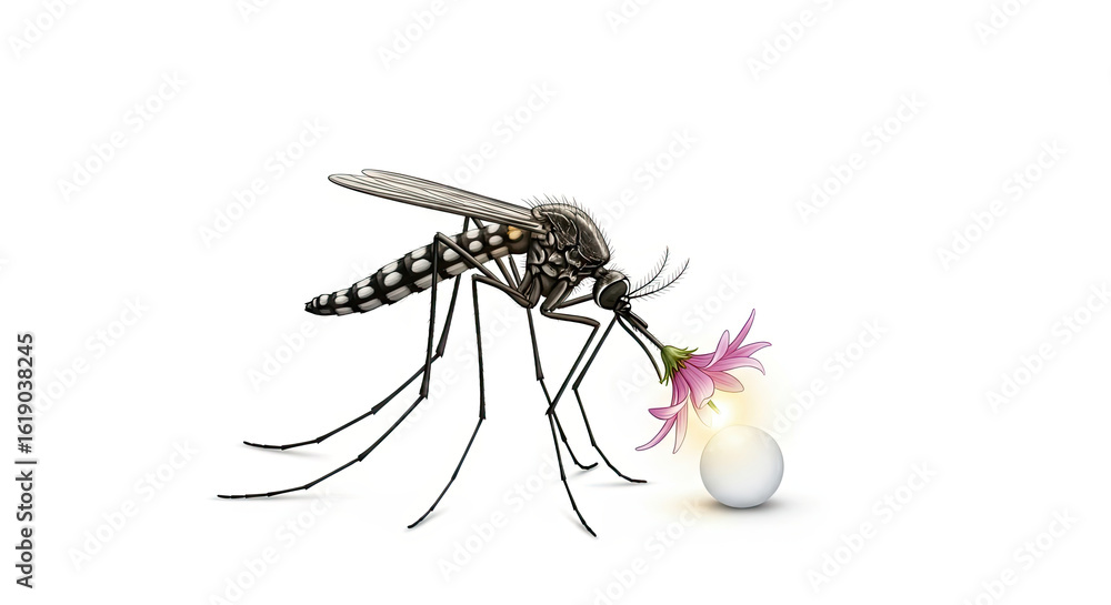 Naklejka premium A mosquito drinks nectar from a flower with a white sphere behind it on a white background in a drawing