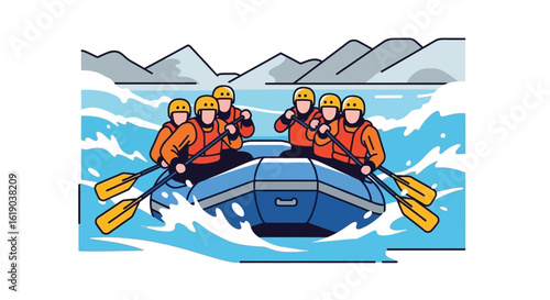 Rafting Adventure with Team Rowing through Rapids