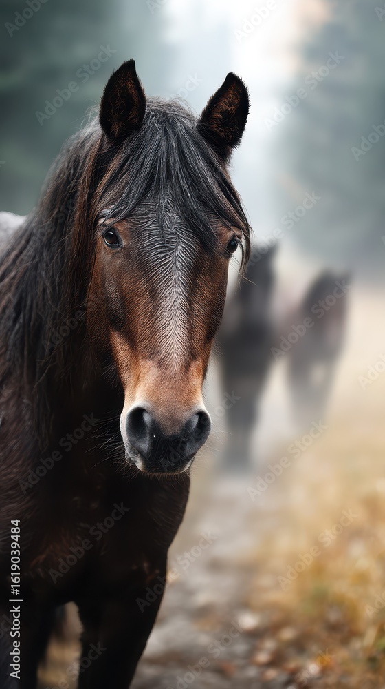 Naklejka premium Majestic horse stands confidently in foggy forest path while companion horses wander in the background