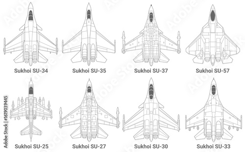 Set of sukhoi fighter jet in lineart style from top view. Vector illustrations Sukhoi SU 25, 27, 30, 33, 34, 35, 37, 57. Various military combat aircraft design from russia. Bundle military plane art.
