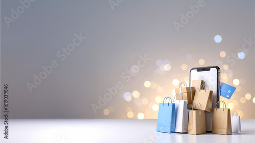 3D render mockup of a modern smartphone with floating shopping bags, credit cards, and parcel boxes. Ideal for illustrating online shopping, digital payments, and e-commerce platform interfaces