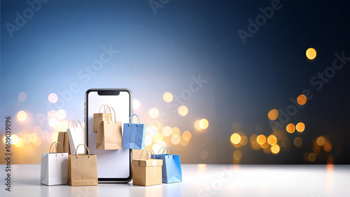 3D render mockup of a modern smartphone with floating shopping bags, credit cards, and parcel boxes. Ideal for illustrating online shopping, digital payments, and e-commerce platform interfaces