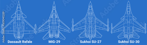 Set of 4th-generation fighter jet in blueprint style from top view. Vector illustrations dassault rafale, mig 29, su 27, su 30 fighter jet. Various military combat aircraft design from fourth gen.