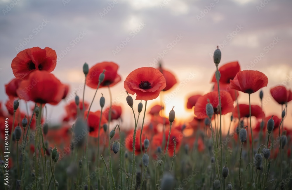 Obraz premium Field of red poppy flowers. Sunset light illuminates blossoms and buds. Soft pastel sky background. Symbolizes remembrance, Armistice Day, Anzac Day themes. Natural beauty.