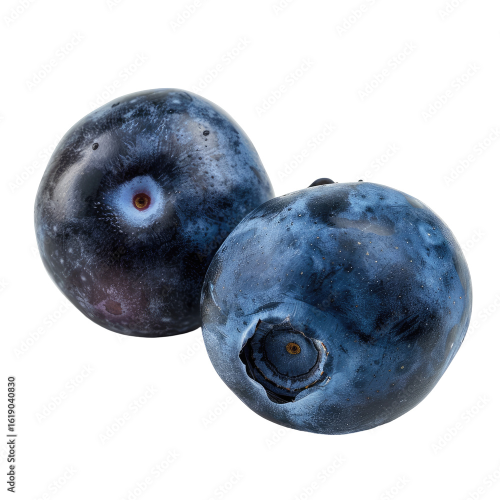Obraz premium Two ripe blueberries, close-up, isolated on black