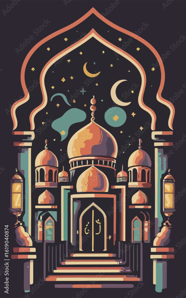 Obraz premium illustrations vector icon collection of Ramadan Islamic symbols items and a mosque. 