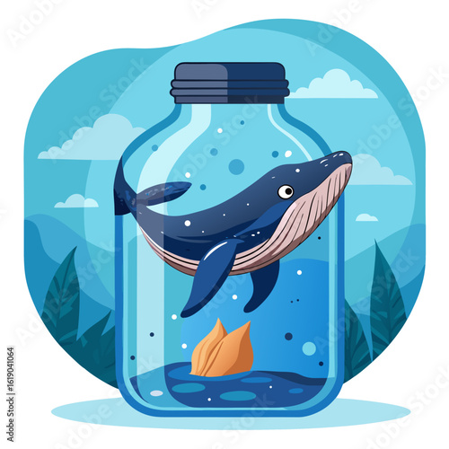 Humpback Whale in Glass Jar:  Ocean Conservation,  Cartoon Style,  Hopeful Mood, Environmental Illustration