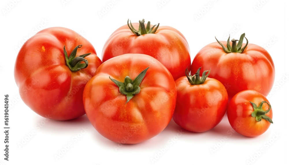 Assortment of fresh organic heirloom tomatoes in vibrant red hues. Variety of unique shapes, sizes arranged cleanly on white background. Ripe, juicy produce perfect for salads, culinary uses, healthy Assortment of fresh organic heirloom tomatoes in vibrant red hues. Variety of unique shapes, sizes arranged cleanly on white background. Ripe, juicy produce perfect for salads, culinary uses, healthy