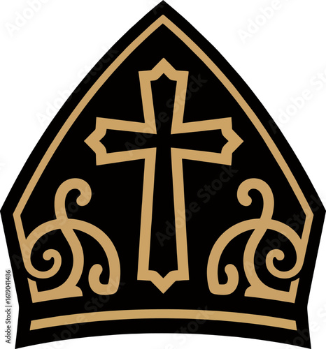 Minimalist Bishop Mitre Vector with Gold Stylized Cross and Ornamental Swirls