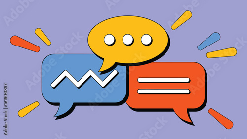 Colorful speech bubbles representing communication and ideas exchanging on a purple background