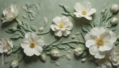 Textured relief delicate white flowers, leaves on soft green background. Intricate floral art with hand-made craftsmanship creates elegant botanical decoration, bringing natural beauty, serene charm