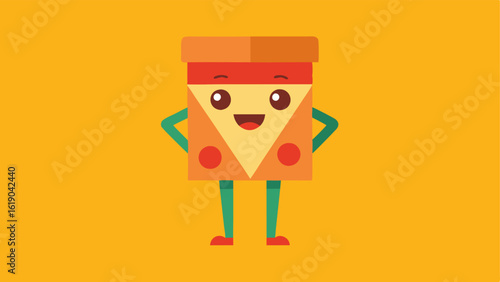 Confident Standoff With a confident stance the pizza box stands with legs slightly apart and arms crossed. The front of the box displays vibrant colors and playful patterns while