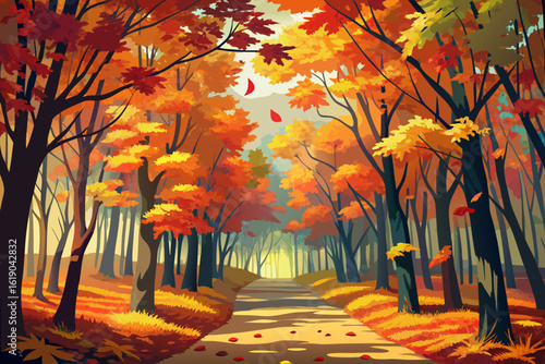 vector of The canopy of autumn foliage in the forest changes color with the changing seasons, revealing the passage of time across the landscape.
