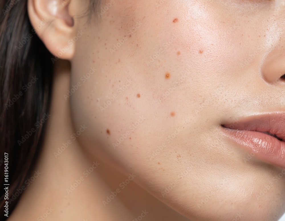 Obraz premium Close-up of Asian woman cheek with natural skin moles and brown spots. Focus on delicate skin texture and beauty. Makeup highlights lips, showcasing skincare and natural beauty.