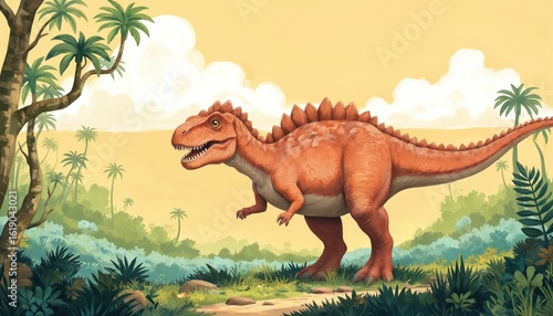 Fototapeta Naklejka Na Ścianę i Meble -  Charming illustration of friendly orange dinosaur in rich prehistoric jungle with vibrant green plants, palm trees. Sky warm yellow with soft clouds. Dirt path leads through fantasy landscape,