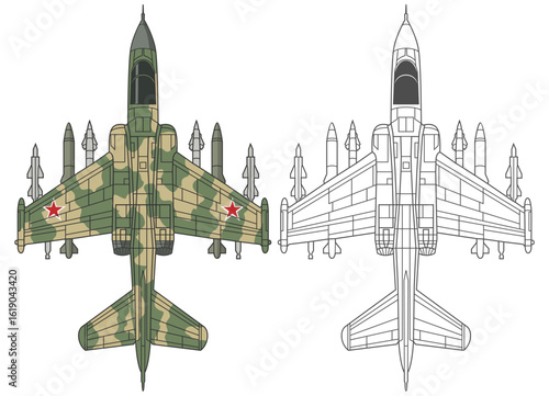 Set Sukhoi SU-25 Russia military aircraft design in line art and colored style from top view. Vector illustrations blueprint colorful su 25 fighter jet. Outline drawing uni soviet combat aeroplane.