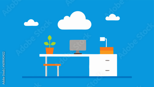 Cloudy Office Scene A minimalist illustration of a cozy modern desk with a computer and potted plant perched on a fluffy white cloud. The background features a bright blue sky with