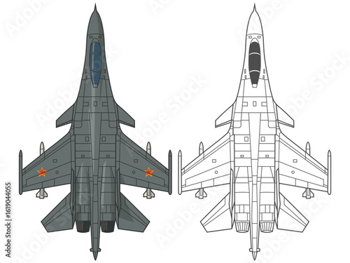 Set shenyang J-16 military aircraft design in line art and colored style from top view. Vector illustrations colorful j16 fighter jet. Outline drawing modern chinese combat aircraft.