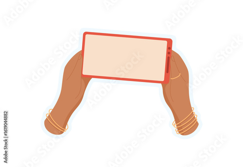 Hand holds a smartphone sticker. User grips a mobile phone sticker. Context of digital media, blank template, potential for online applications and communications.