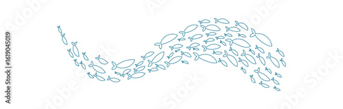 outline fish school pattern. Many aquatic creatures swim in a group. Underwater theme, doodle style, suitable for summer designs.