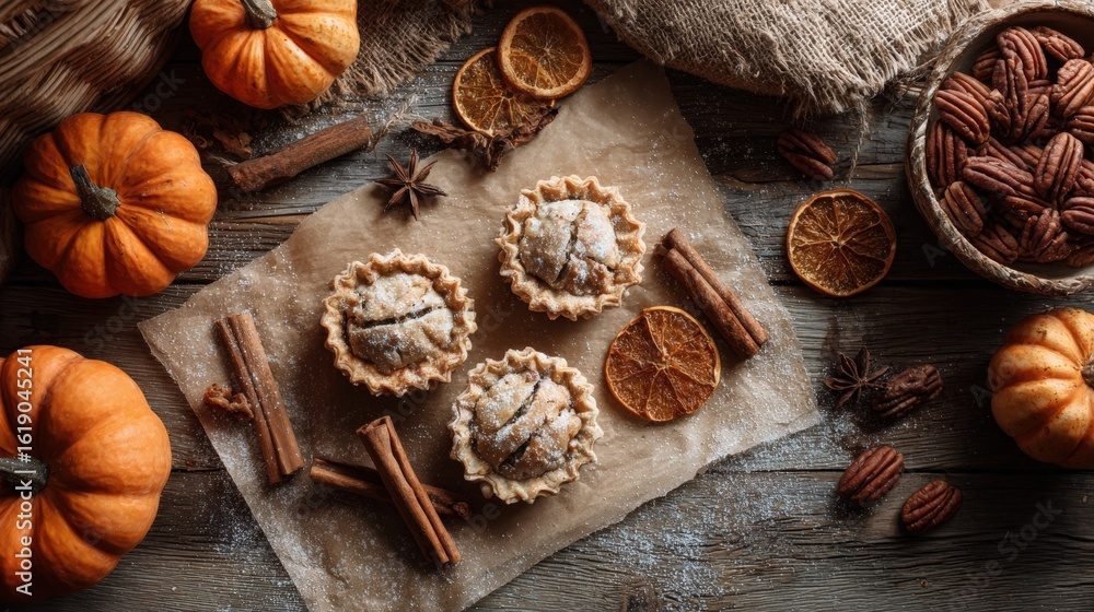 Fototapeta premium Cozy flat lay featuring small hand pies, pecans, and autumn decor arrangement on kraft paper over a wooden table