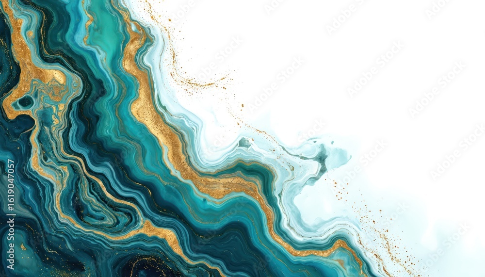 Obraz premium Abstract illustration features blue, teal liquid swirls with gold accents creating luxurious marble effect. Flowing fluid paint textures blend seamlessly on white background, ideal for graphic