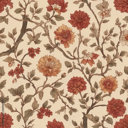 Autumnal floral textile design, cream background, intertwining branches, home d?cor