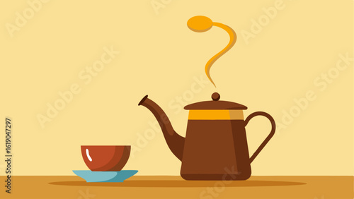 Coffee Pot and Cup Duo Illustrate a bright stylized coffee pot tilted to pour a steaming rich brown liquid that cascades down in a graceful arc. Below a simple white cup sits on a