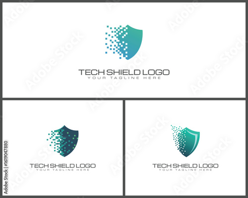 Modern digital shield logo design with fragmented particles representing cybersecurity and data protection technology