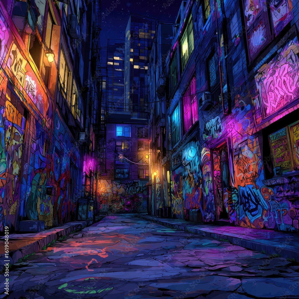 Fototapeta premium Nighttime urban alley, vibrant graffiti, city skyline, game background