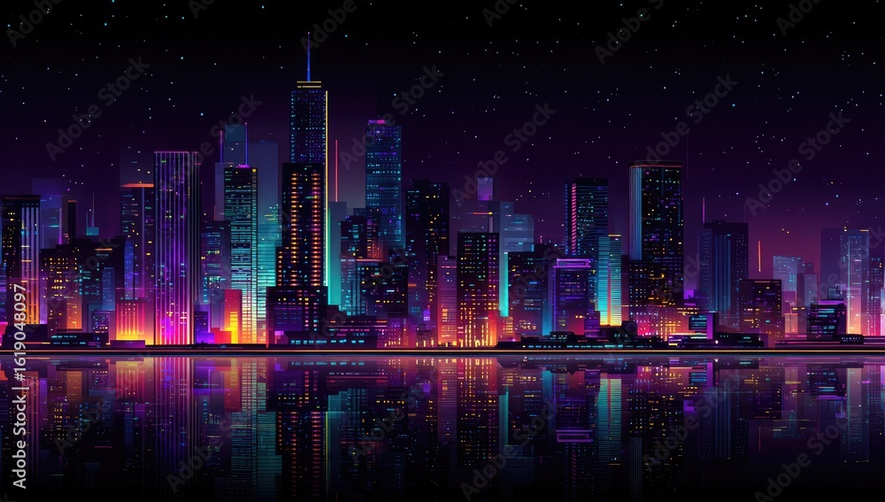 Obraz premium Night cityscape, neon lights, water reflection, starry sky, urban background, website banner