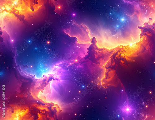 Fototapeta Naklejka Na Ścianę i Meble -  Abstract cosmic nebula with glowing particles, vibrant purple and orange hues, space aesthetic with stars and gas clouds, seamless high-res background texture