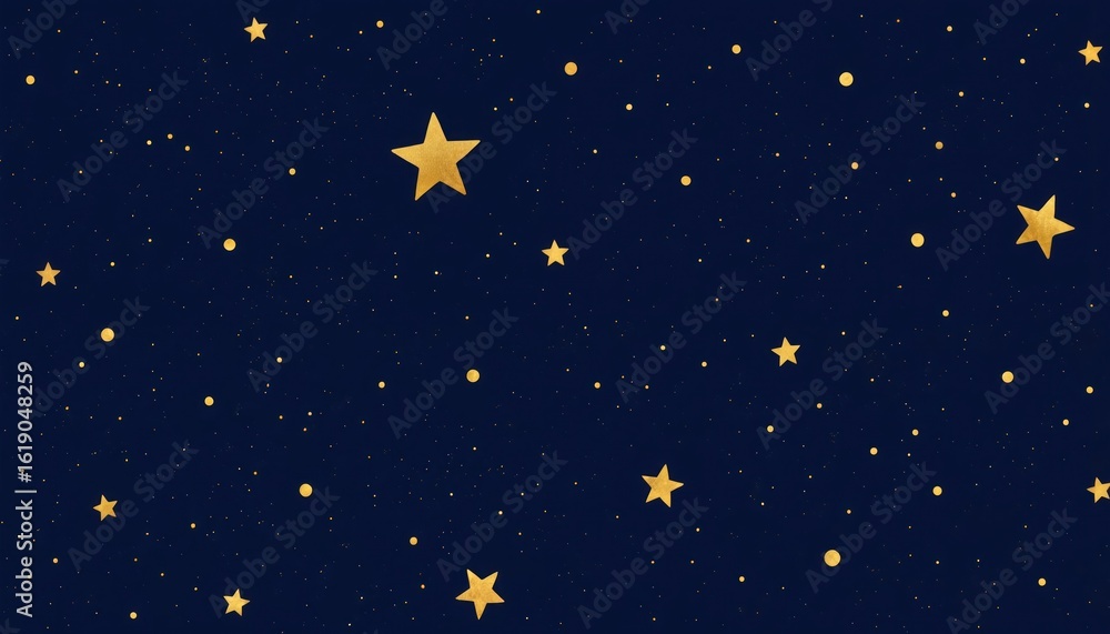 Fototapeta premium Deep blue night sky illustration sprinkled with golden stars and dots. Celestial pattern evokes wonder and cosmic beauty, perfect for backgrounds, wallpapers, and decorative design elements.