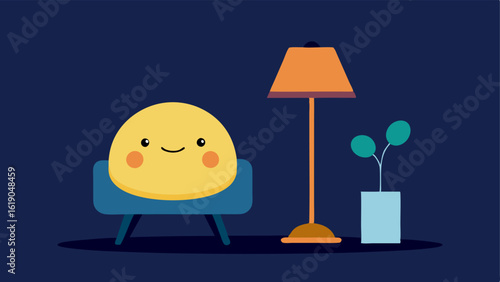 Chatty Lamp A e table lamp with a round body and a lampshade that resembles a friendly face. Its leaning slightly to one side as if engaged in conversation. A warm glow emanates