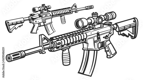 Two detailed black and white line art illustrations of assault rifles with scopes and tactical grips created with generated ai