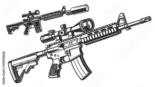 Two detailed illustrations of ar fifteen rifles with scopes and a silencer in monochrome style created with generated ai