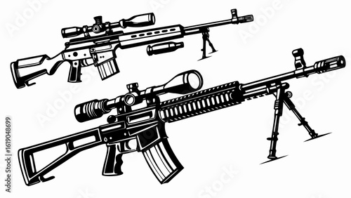 Two detailed sniper rifles with scopes and bipods in black and white illustration style design art created with generated ai