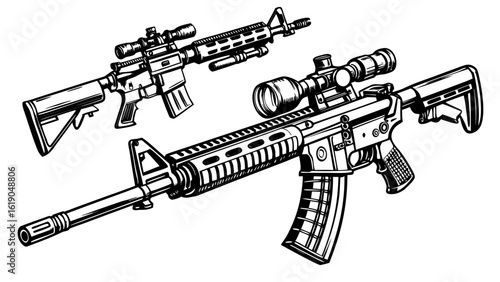 Two ar 15 style rifles with scopes and magazines in black and white illustration style design created with generated ai