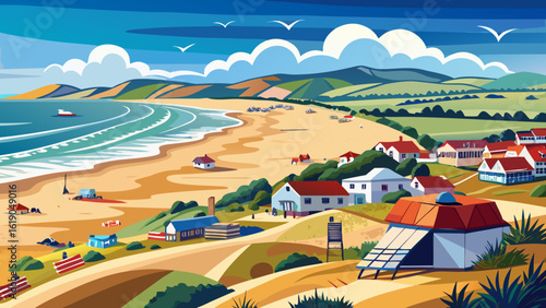 Camber Sands beach East Sussex UK panoramic view