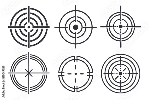 Collection of six different black and white target icons with various designs and crosshair styles created with generated ai