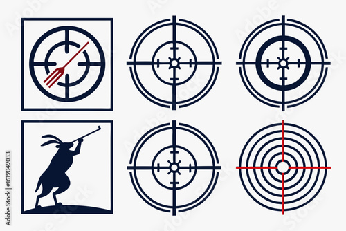 Illustration of six different targets including a fork, a hunter, and various crosshair designs set in boxes created with generated ai
