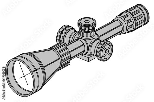 Detailed line drawing of a gray rifle scope with adjustment knobs and crosshairs on a white background created with generated ai