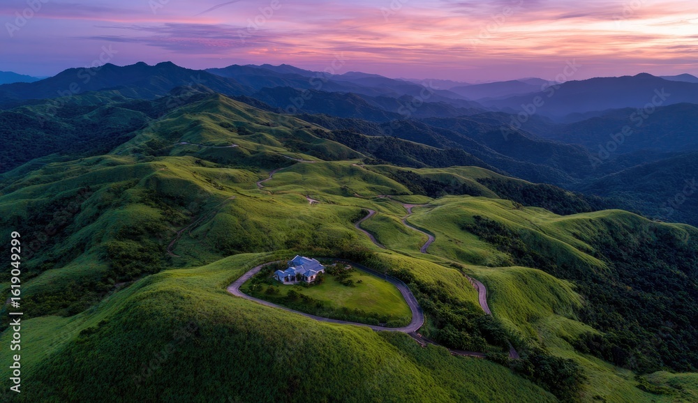 Obraz premium Mountaintop House Sunset Aerial View Winding road, green hills, purple sky, idyllic retreat